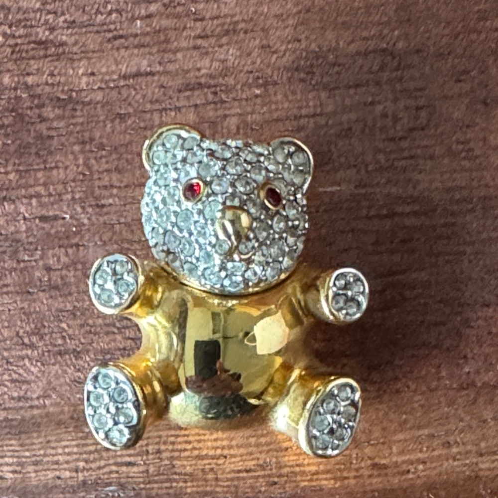 Vintage Gold-tone Crystal Teddy Bear Brooch with Red Eyes